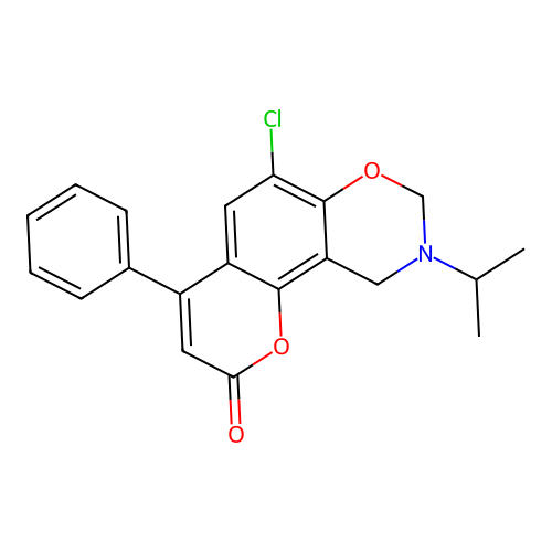 6-chloro-9-isopropyl-4-phenyl-9,10-dihydrochromeno[8,7-e][1,3]oxazin-2(8H)-one structure