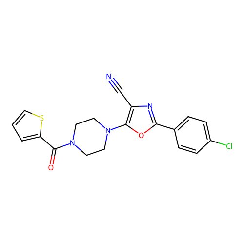 2-(4-chlorophenyl)-5-[4-(thiophene-2-carbonyl)piperazin-1-yl]-1,3-oxazole-4-carbonitrile structure