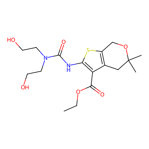 ethyl 2-(3,3-bis(2-hydroxyethyl)ureido)-5,5-dimethyl-5,7-dihydro-4H-thieno[2,3-c]pyran-3-carboxylate structure