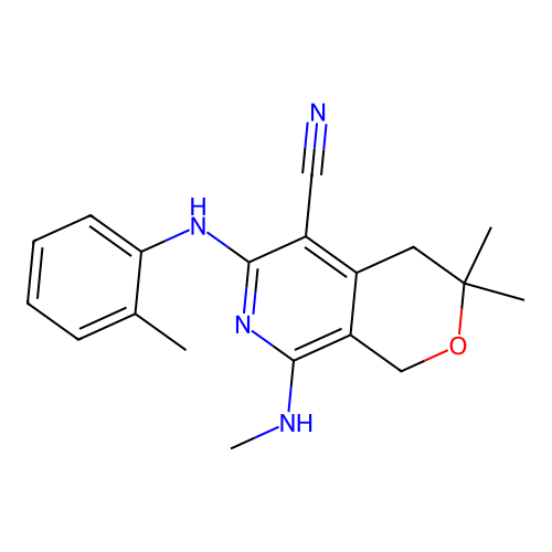 3,3-dimethyl-8-(methylamino)-6-(2-methylanilino)-1,4-dihydropyrano[3,4-c]pyridine-5-carbonitrile structure