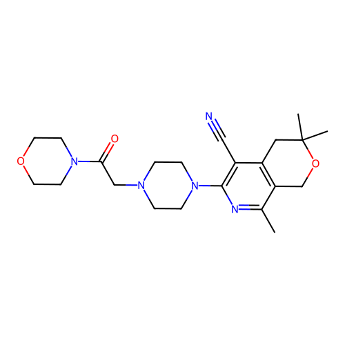 3,3,8-trimethyl-6-(4-(2-morpholino-2-oxoethyl)piperazin-1-yl)-3,4-dihydro-1H-pyrano[3,4-c]pyridine-5-carbonitrile structure