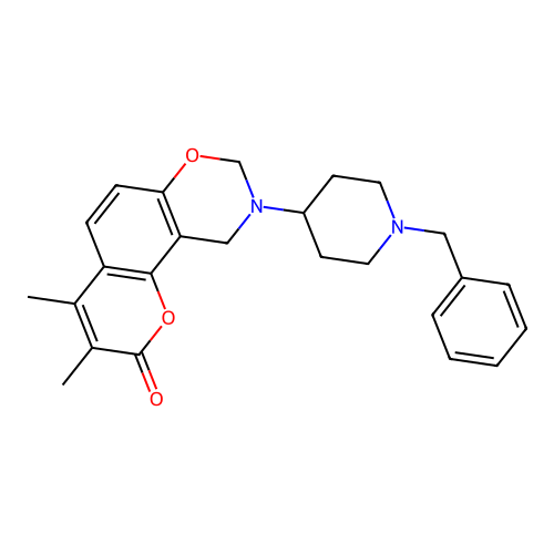 9-(1-benzylpiperidin-4-yl)-3,4-dimethyl-9,10-dihydrochromeno[8,7-e][1,3]oxazin-2(8H)-one structure