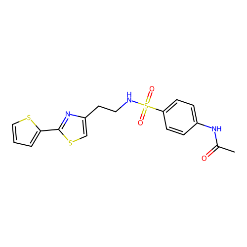 N-[4-({2-[2-(thiophen-2-yl)-1,3-thiazol-4-yl]ethyl}sulfamoyl)phenyl]acetamide structure