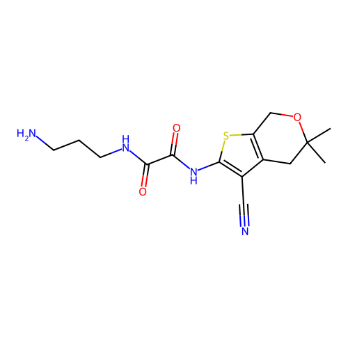 N-(3-aminopropyl)-N'-(3-cyano-5,5-dimethyl-4,7-dihydrothieno[2,3-c]pyran-2-yl)oxamide structure
