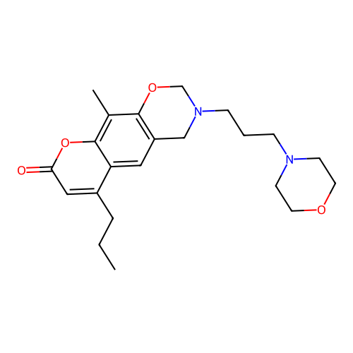 10-methyl-3-(3-morpholinopropyl)-6-propyl-3,4-dihydrochromeno[6,7-e][1,3]oxazin-8(2H)-one structure