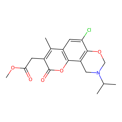methyl 2-(6-chloro-9-isopropyl-4-methyl-2-oxo-2,8,9,10-tetrahydrochromeno[8,7-e][1,3]oxazin-3-yl)acetate structure