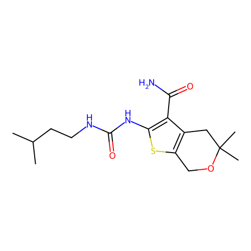 5,5-dimethyl-2-(3-methylbutylcarbamoylamino)-4,7-dihydrothieno[2,3-c]pyran-3-carboxamide structure