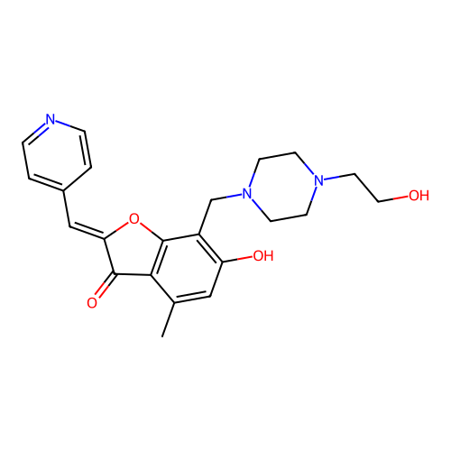 (2Z)-6-hydroxy-7-{[4-(2-hydroxyethyl)piperazin-1-yl]methyl}-4-methyl-2-(pyridin-4-ylmethylidene)-1-benzofuran-3(2H)-one structure
