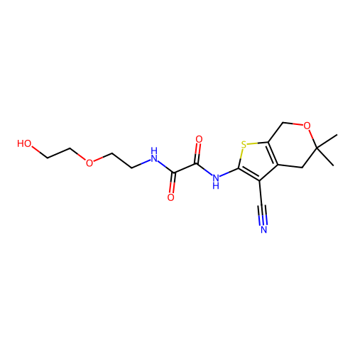 N'-(3-cyano-5,5-dimethyl-4,7-dihydrothieno[2,3-c]pyran-2-yl)-N-[2-(2-hydroxyethoxy)ethyl]oxamide structure