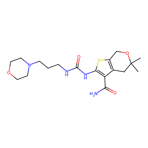 5,5-dimethyl-2-(3-morpholin-4-ylpropylcarbamoylamino)-4,7-dihydrothieno[2,3-c]pyran-3-carboxamide structure
