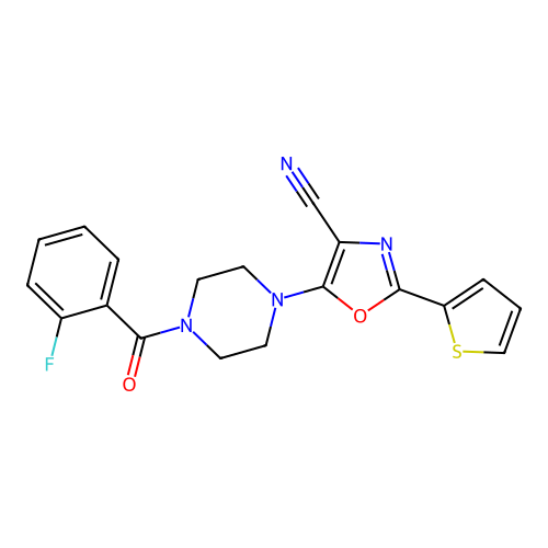 5-(4-(2-Fluorobenzoyl)piperazin-1-yl)-2-(thiophen-2-yl)oxazole-4-carbonitrile structure