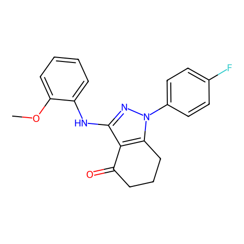 1-(4-fluorophenyl)-3-[(2-methoxyphenyl)amino]-1,5,6,7-tetrahydro-4H-indazol-4-one structure