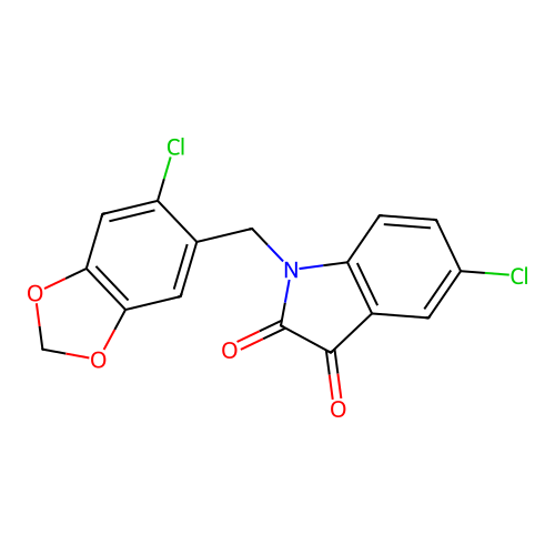 5-chloro-1-[(6-chloro-1,3-benzodioxol-5-yl)methyl]-1H-indole-2,3-dione structure