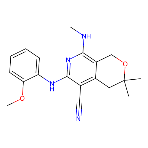 6-((2-methoxyphenyl)amino)-3,3-dimethyl-8-(methylamino)-3,4-dihydro-1H-pyrano[3,4-c]pyridine-5-carbonitrile structure