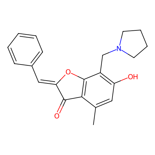 (2Z)-6-hydroxy-4-methyl-2-(phenylmethylidene)-7-[(pyrrolidin-1-yl)methyl]-2,3-dihydro-1-benzofuran-3-one structure