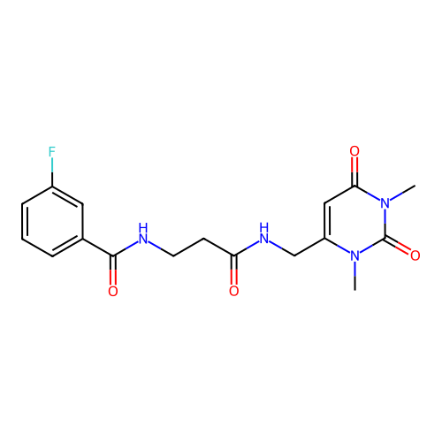 N-(3-(((1,3-dimethyl-2,6-dioxo-1,2,3,6-tetrahydropyrimidin-4-yl)methyl)amino)-3-oxopropyl)-3-fluorobenzamide structure