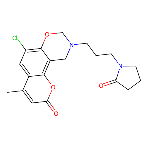6-chloro-4-methyl-9-(3-(2-oxopyrrolidin-1-yl)propyl)-9,10-dihydrochromeno[8,7-e][1,3]oxazin-2(8H)-one structure