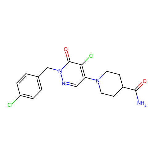 1-(5-chloro-1-(4-chlorobenzyl)-6-oxo-1,6-dihydropyridazin-4-yl)piperidine-4-carboxamide structure