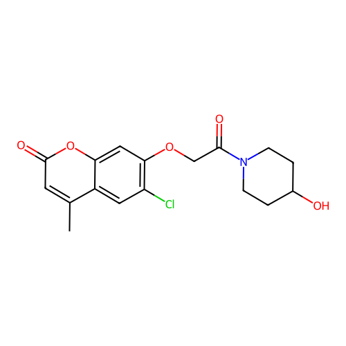 6-chloro-7-(2-(4-hydroxypiperidin-1-yl)-2-oxoethoxy)-4-methyl-2H-chromen-2-one structure