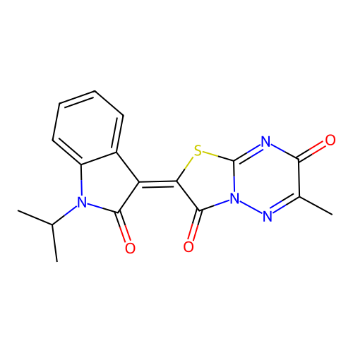 (E)-2-(1-isopropyl-2-oxoindolin-3-ylidene)-6-methyl-2H-thiazolo[3,2-b][1,2,4]triazine-3,7-dione structure