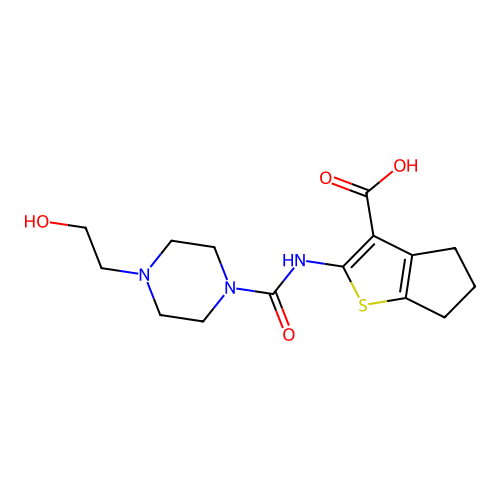 2-({[4-(2-hydroxyethyl)piperazin-1-yl]carbonyl}amino)-5,6-dihydro-4H-cyclopenta[b]thiophene-3-carboxylic acid structure