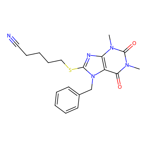 5-((7-benzyl-1,3-dimethyl-2,6-dioxo-2,3,6,7-tetrahydro-1H-purin-8-yl)thio)pentanenitrile structure