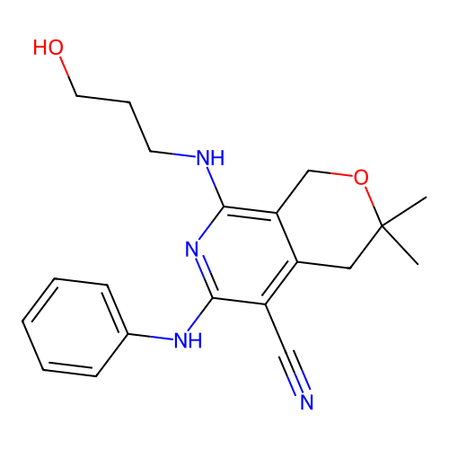 6-anilino-8-(3-hydroxypropylamino)-3,3-dimethyl-1,4-dihydropyrano[3,4-c]pyridine-5-carbonitrile structure