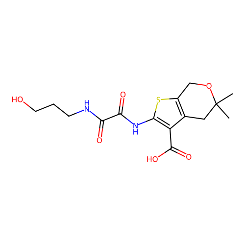 2-({[(3-hydroxypropyl)amino](oxo)acetyl}amino)-5,5-dimethyl-4,7-dihydro-5H-thieno[2,3-c]pyran-3-carboxylic acid structure