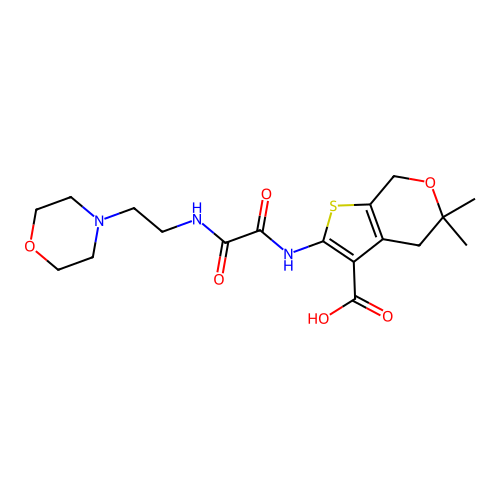 5,5-dimethyl-2-(2-((2-morpholinoethyl)amino)-2-oxoacetamido)-5,7-dihydro-4H-thieno[2,3-c]pyran-3-carboxylic acid structure