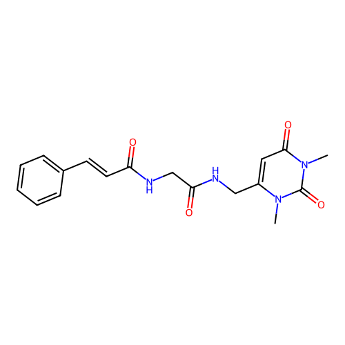 N-(2-(((1,3-dimethyl-2,6-dioxo-1,2,3,6-tetrahydropyrimidin-4-yl)methyl)amino)-2-oxoethyl)cinnamamide structure