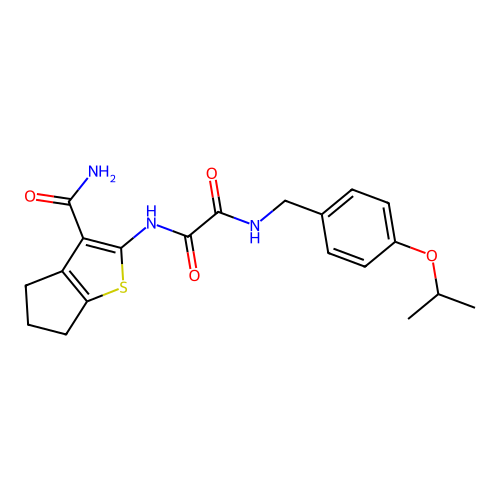 N'-(3-carbamoyl-5,6-dihydro-4H-cyclopenta[b]thiophen-2-yl)-N-[(4-propan-2-yloxyphenyl)methyl]oxamide structure