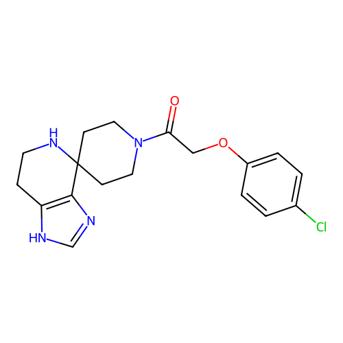2-(4-chlorophenoxy)-1-(1,5,6,7-tetrahydrospiro[imidazo[4,5-c]pyridine-4,4'-piperidin]-1'-yl)ethanone structure