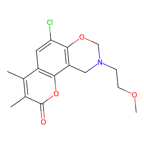 6-chloro-9-(2-methoxyethyl)-3,4-dimethyl-9,10-dihydrochromeno[8,7-e][1,3]oxazin-2(8H)-one structure