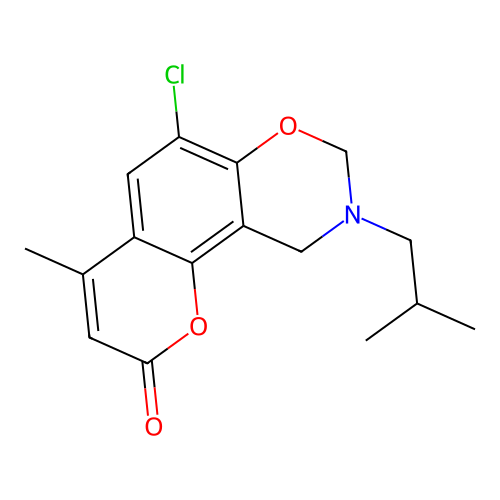 6-chloro-9-isobutyl-4-methyl-9,10-dihydrochromeno[8,7-e][1,3]oxazin-2(8H)-one structure