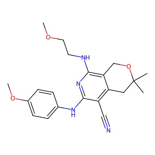 6-(4-methoxyanilino)-8-(2-methoxyethylamino)-3,3-dimethyl-1,4-dihydropyrano[3,4-c]pyridine-5-carbonitrile structure
