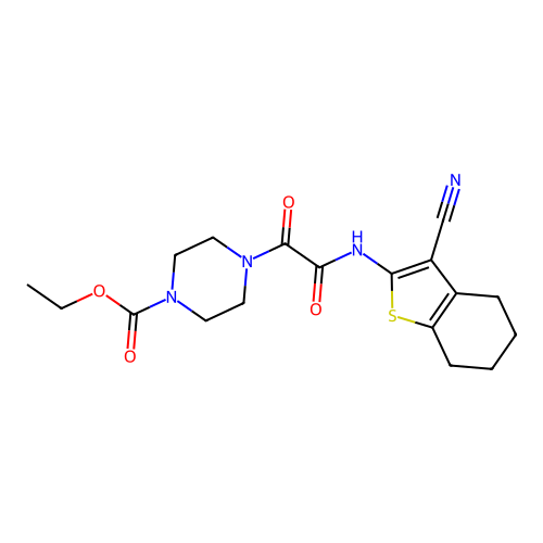 ethyl 4-(2-((3-cyano-4,5,6,7-tetrahydrobenzo[b]thiophen-2-yl)amino)-2-oxoacetyl)piperazine-1-carboxylate structure