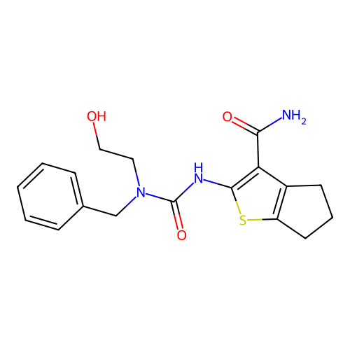 2-(3-benzyl-3-(2-hydroxyethyl)ureido)-5,6-dihydro-4H-cyclopenta[b]thiophene-3-carboxamide structure