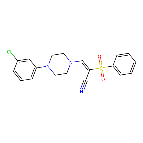 (E)-3-(4-(3-chlorophenyl)piperazin-1-yl)-2-(phenylsulfonyl)acrylonitrile structure