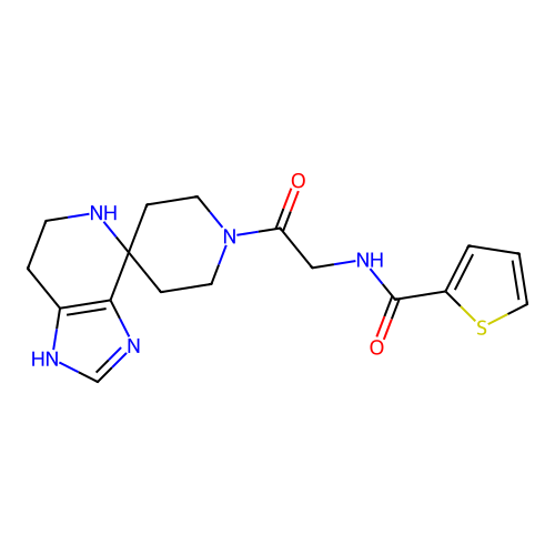 N-(2-oxo-2-(1,5,6,7-tetrahydrospiro[imidazo[4,5-c]pyridine-4,4'-piperidin]-1'-yl)ethyl)thiophene-2-carboxamide structure