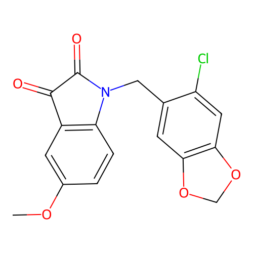 1-[(6-chloro-1,3-benzodioxol-5-yl)methyl]-5-methoxy-1H-indole-2,3-dione structure