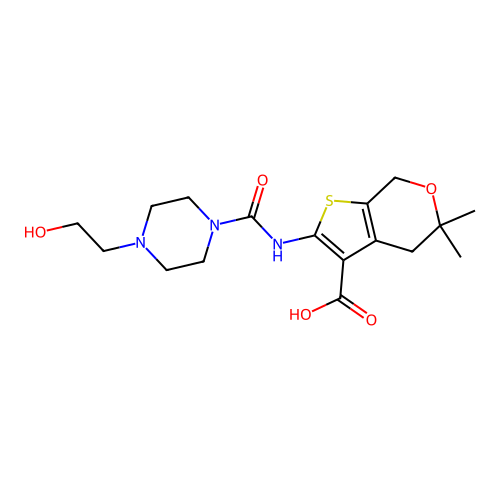2-({[4-(2-hydroxyethyl)piperazin-1-yl]carbonyl}amino)-5,5-dimethyl-4,7-dihydro-5H-thieno[2,3-c]pyran-3-carboxylic acid structure