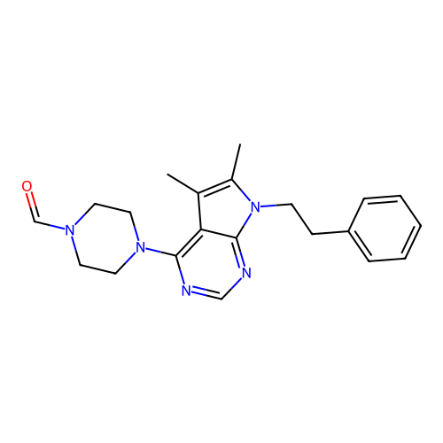 4-(5,6-dimethyl-7-phenethyl-7H-pyrrolo[2,3-d]pyrimidin-4-yl)piperazine-1-carbaldehyde structure