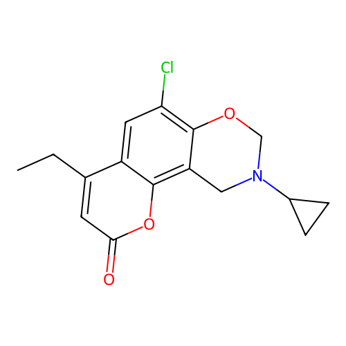 6-chloro-9-cyclopropyl-4-ethyl-9,10-dihydrochromeno[8,7-e][1,3]oxazin-2(8H)-one structure
