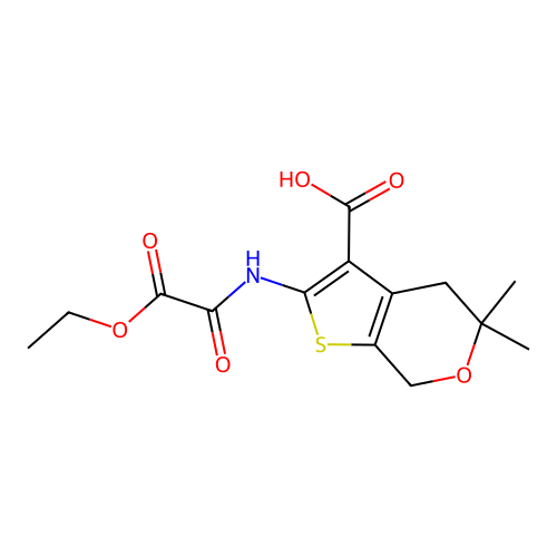 2-(2-ethoxy-2-oxoacetamido)-5,5-dimethyl-5,7-dihydro-4H-thieno[2,3-c]pyran-3-carboxylic acid structure