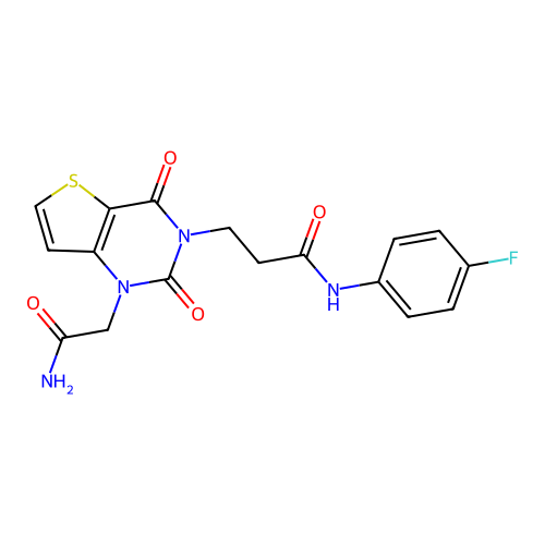 3-(1-(2-amino-2-oxoethyl)-2,4-dioxo-1,2-dihydrothieno[3,2-d]pyrimidin-3(4H)-yl)-N-(4-fluorophenyl)propanamide structure