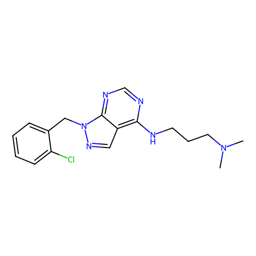 1-[(2-chlorophenyl)methyl]-N-[3-(dimethylamino)propyl]-1H-pyrazolo[3,4-d]pyrimidin-4-amine structure