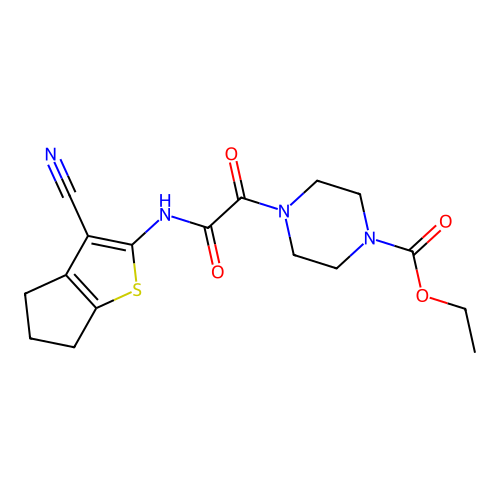 ethyl 4-(2-((3-cyano-5,6-dihydro-4H-cyclopenta[b]thiophen-2-yl)amino)-2-oxoacetyl)piperazine-1-carboxylate structure