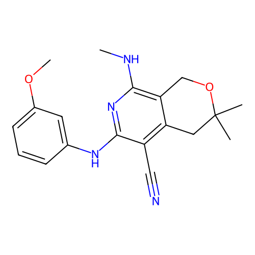 6-((3-methoxyphenyl)amino)-3,3-dimethyl-8-(methylamino)-3,4-dihydro-1H-pyrano[3,4-c]pyridine-5-carbonitrile structure