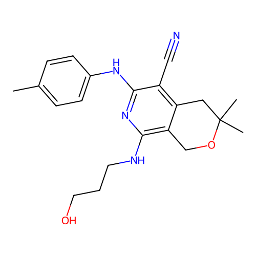 8-((3-hydroxypropyl)amino)-3,3-dimethyl-6-(p-tolylamino)-3,4-dihydro-1H-pyrano[3,4-c]pyridine-5-carbonitrile structure