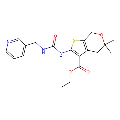 ethyl 5,5-dimethyl-2-(pyridin-3-ylmethylcarbamoylamino)-4,7-dihydrothieno[2,3-c]pyran-3-carboxylate structure